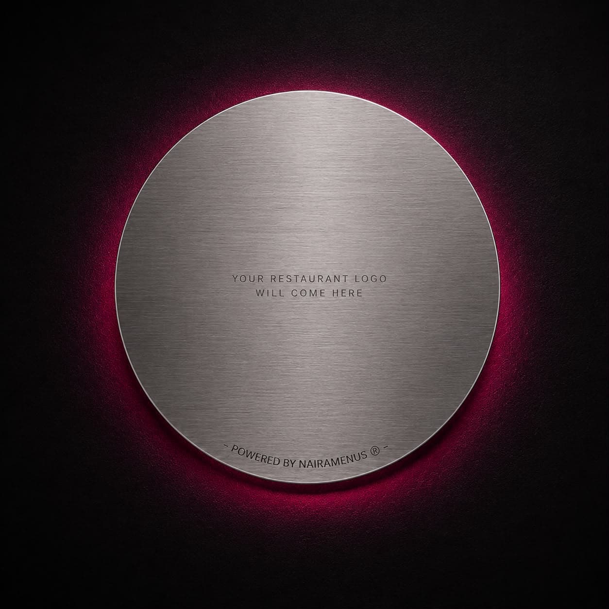 Naira Tap NFC coaster — brushed steel disc with your restaurant logo engraved
