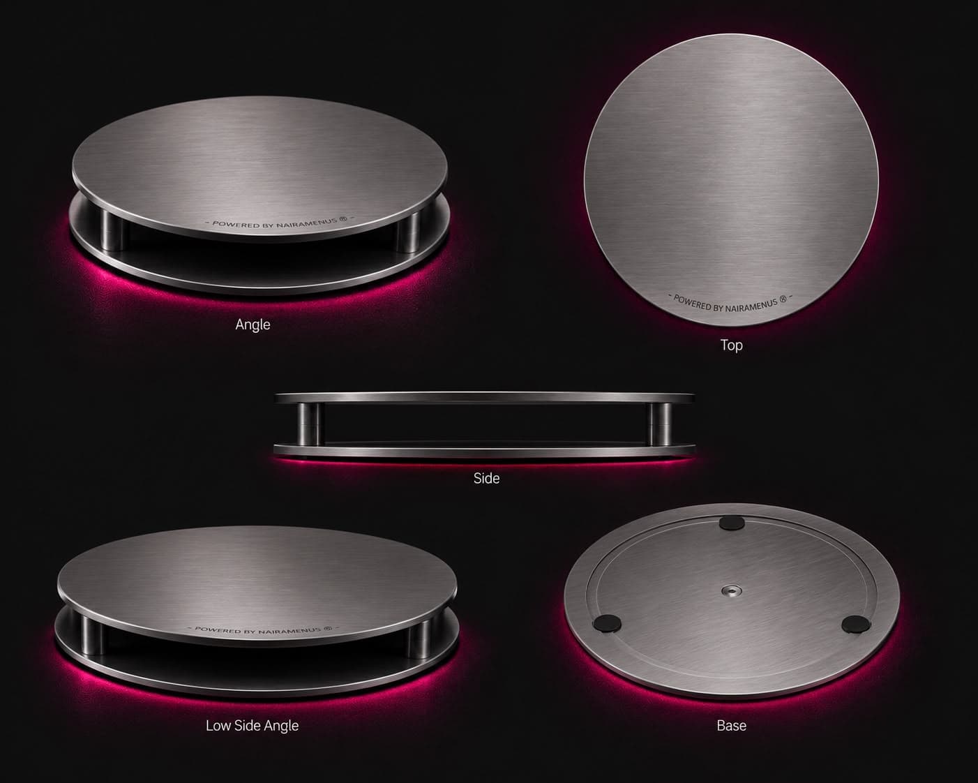 Naira Tap coaster shown from five angles: angled, top, side, low side angle, and base with mounting points