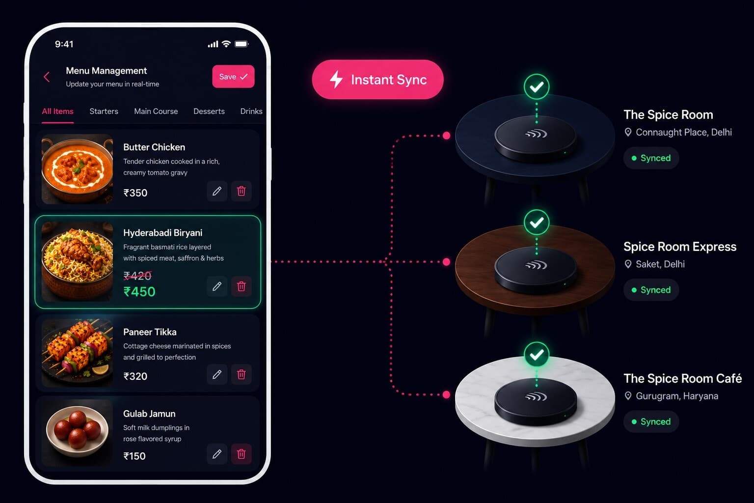 Menu management screen with instant sync to coasters across outlets